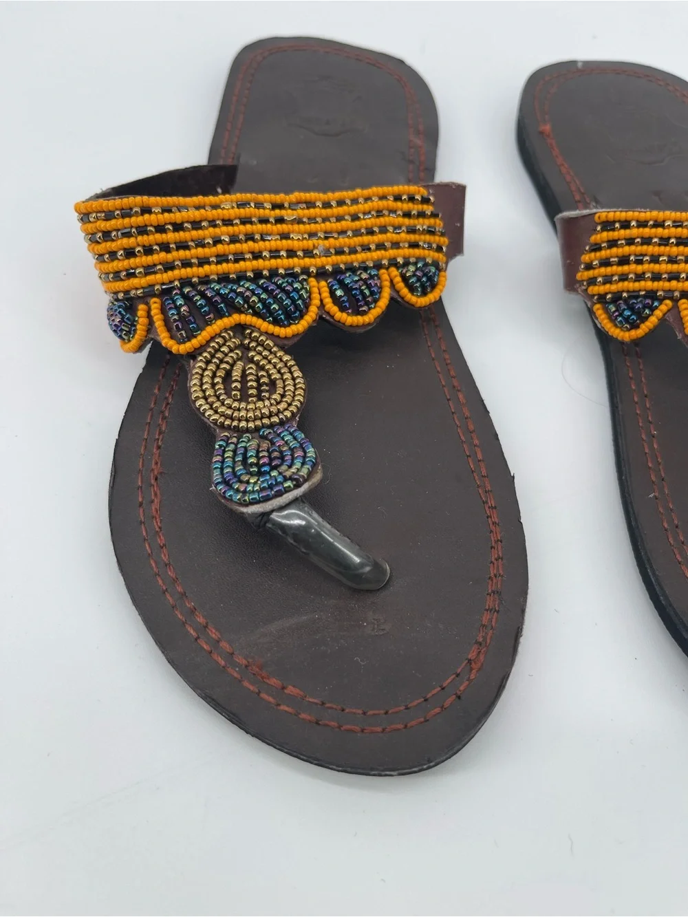 African Handmade Leather Brown with Colorful Beaded Toe-Post Sandals